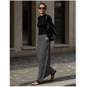 Long Maxi Skirt Elegant High Waist H Line Polka Dot Design Large NWT Officewear